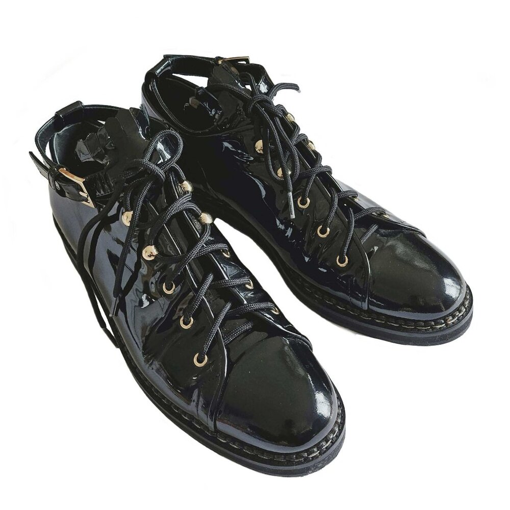 MAX MARA BLACK PATENT LEATHER ANKLE STRAP OXFORDS SHOES (39)
